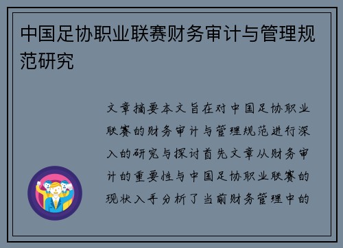中国足协职业联赛财务审计与管理规范研究